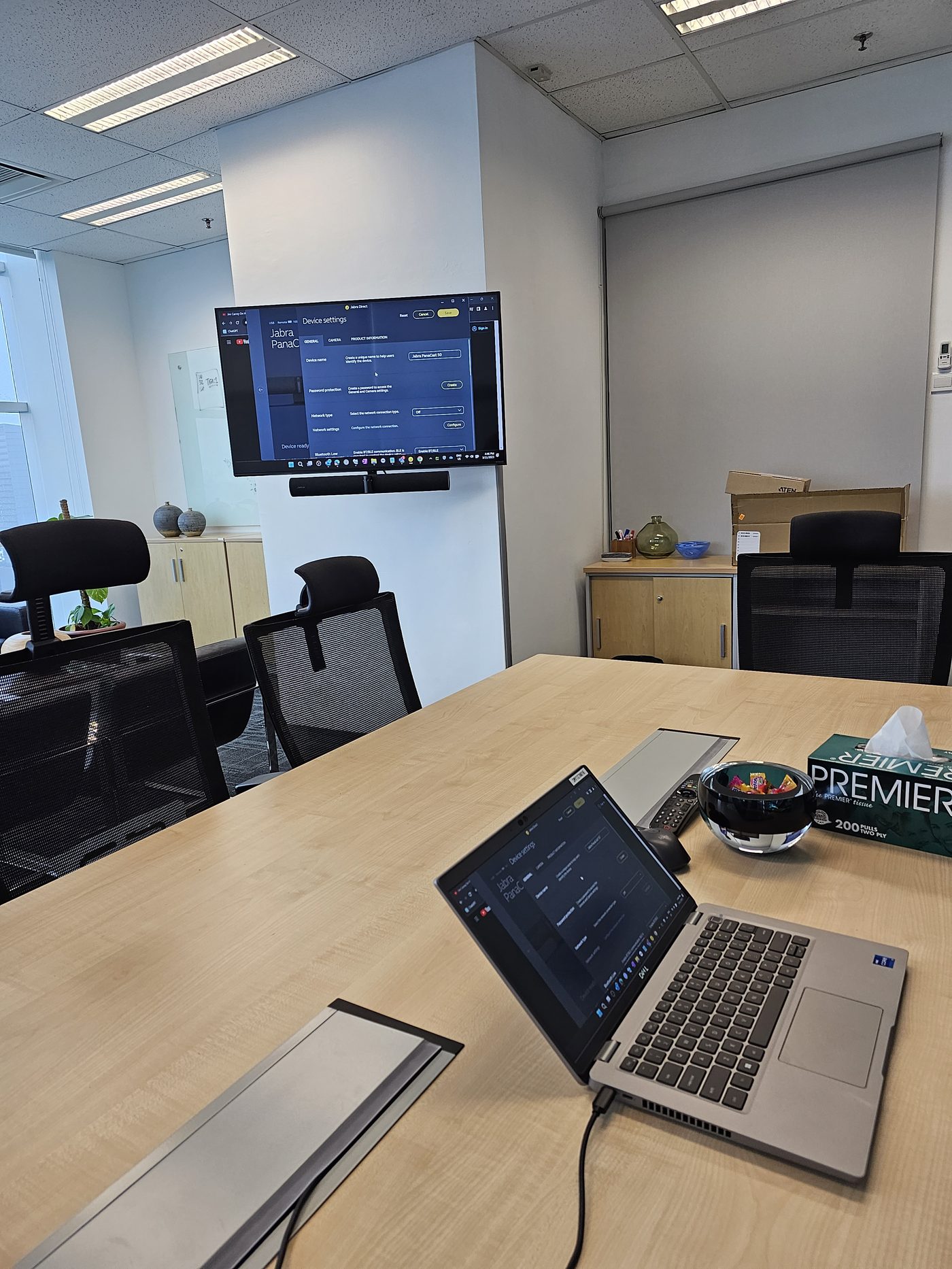 Huddle room install with Jabra PanaCast 50 and display, configuring Jabra Direct device settings
